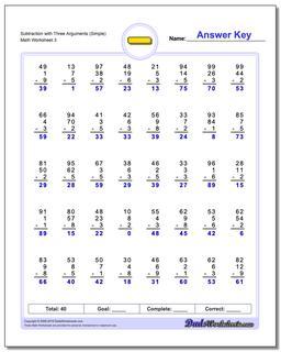 Subtraction Worksheet with Three Arguments (Simple)