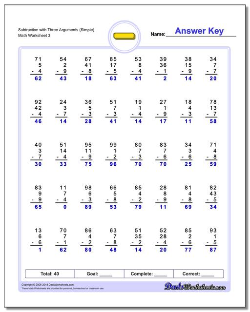 Subtraction Worksheet with Three Arguments (Simple)