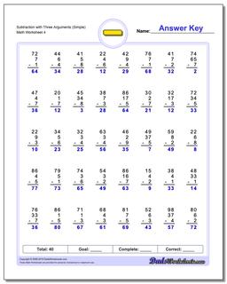 Subtraction Worksheet with Three Arguments (Simple)