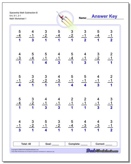 Subtraction Worksheet Spaceship Math B 5-4, 5-1, 2-1