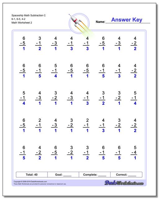 Spaceship Math Subtraction Worksheet C 6-1, 6-5, 4-2 www.dadsworksheets.com/worksheets/subtraction.html