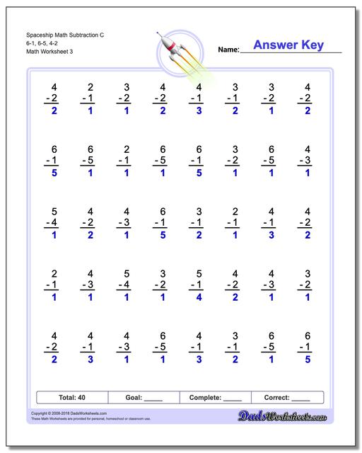 Spaceship Math Subtraction Worksheet C 6-1, 6-5, 4-2