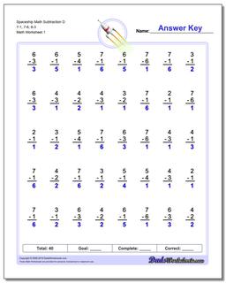 Subtraction Worksheet Spaceship Math D 7-1, 7-6, 6-3