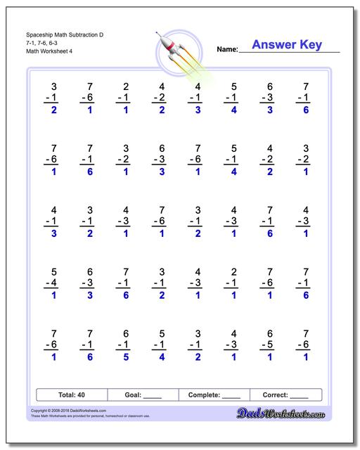 Spaceship Math Subtraction Worksheet D 7-1, 7-6, 6-3