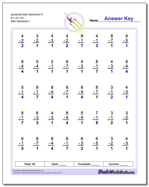 Subtraction Worksheet Spaceship Math E 8-1, 8-7, 8-4