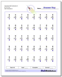 Spaceship Math Subtraction Worksheet E 8-1, 8-7, 8-4