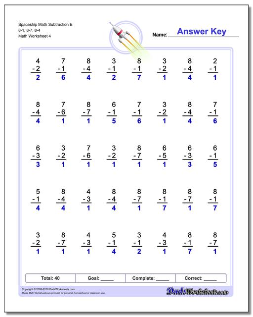 Spaceship Math Subtraction Worksheet E 8-1, 8-7, 8-4