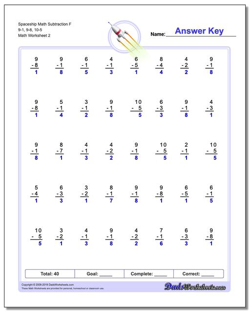 Spaceship Math Subtraction Worksheet F 9-1, 9-8, 10-5 www.dadsworksheets.com/worksheets/subtraction.html