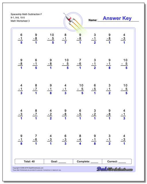 Spaceship Math Subtraction Worksheet F 9-1, 9-8, 10-5