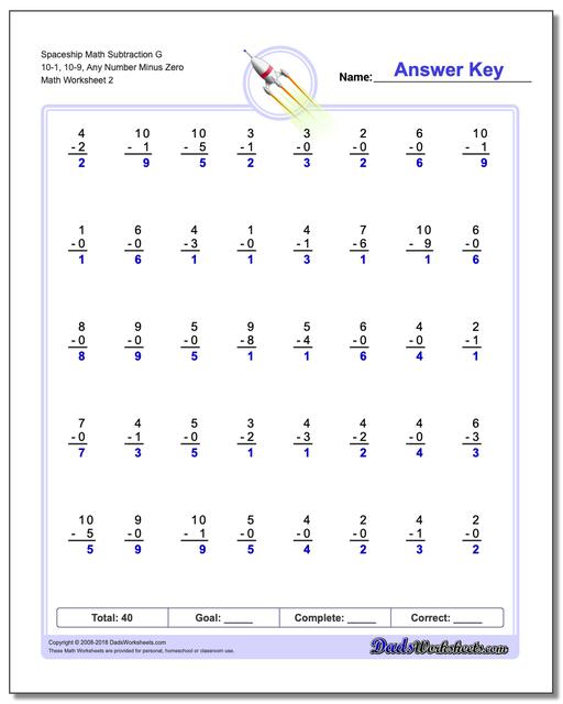Spaceship Math Subtraction Worksheet G 10-1, 10-9, Any Number Minus Zero www.dadsworksheets.com/worksheets/subtraction.html