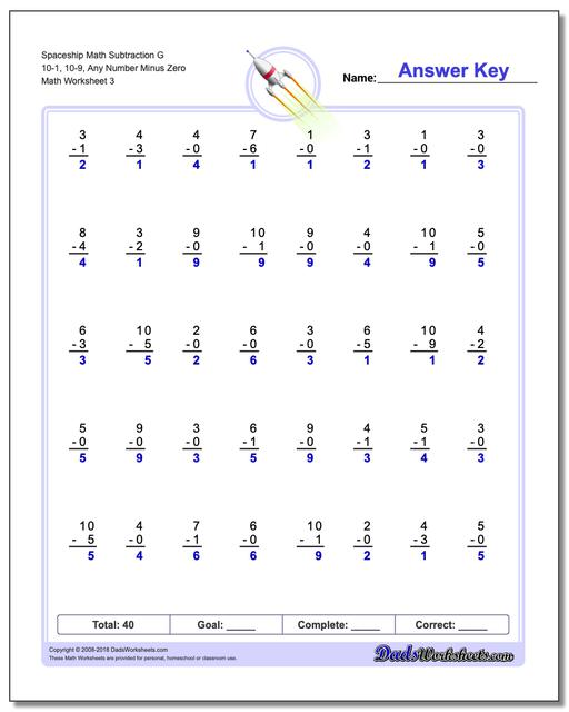 Spaceship Math Subtraction Worksheet G 10-1, 10-9, Any Number Minus Zero