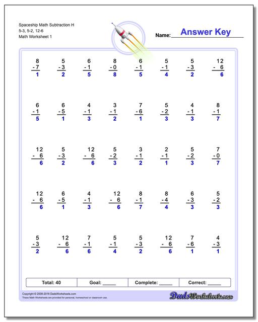 Subtraction Worksheet Spaceship Math H 5-3, 5-2, 12-6