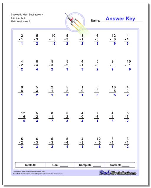 Spaceship Math Subtraction Worksheet H 5-3, 5-2, 12-6 www.dadsworksheets.com/worksheets/subtraction.html