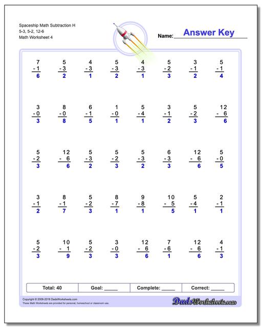Spaceship Math Subtraction Worksheet H 5-3, 5-2, 12-6