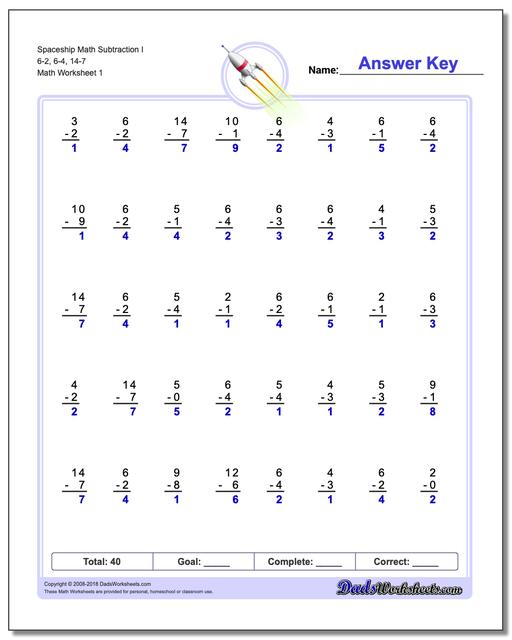 Subtraction Worksheet Spaceship Math I 6-2, 6-4, 14-7