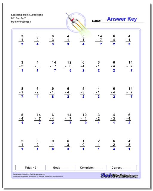 Spaceship Math Subtraction Worksheet I 6-2, 6-4, 14-7