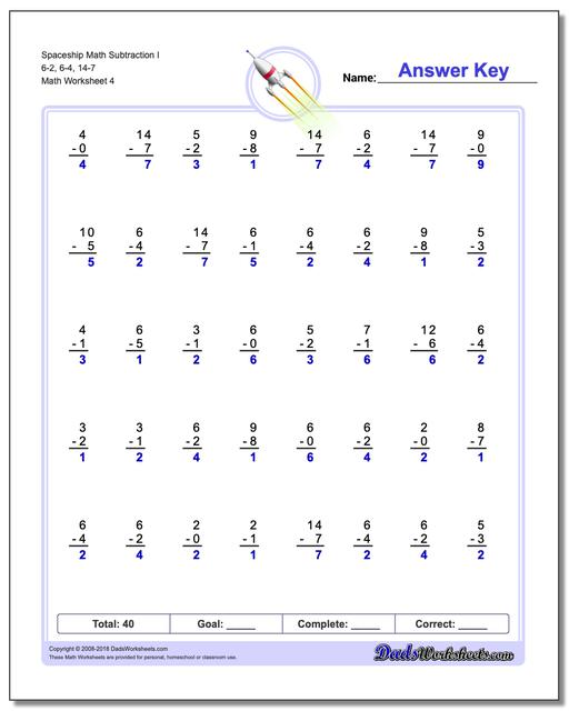Spaceship Math Subtraction Worksheet I 6-2, 6-4, 14-7