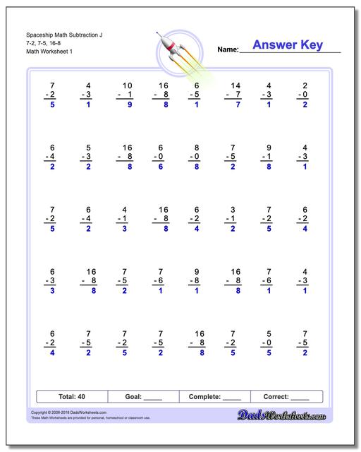 Subtraction Worksheet Spaceship Math J 7-2, 7-5, 16-8