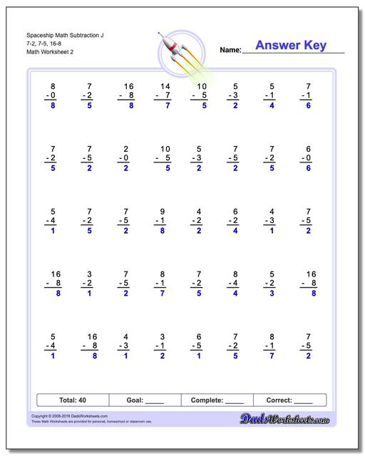 Spaceship Math Subtraction Worksheet J 7-2, 7-5, 16-8 www.dadsworksheets.com/worksheets/subtraction.html