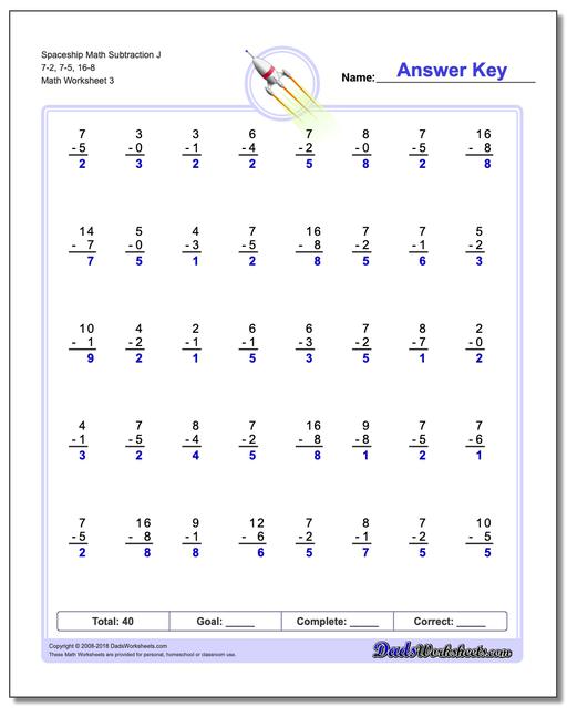 Spaceship Math Subtraction Worksheet J 7-2, 7-5, 16-8