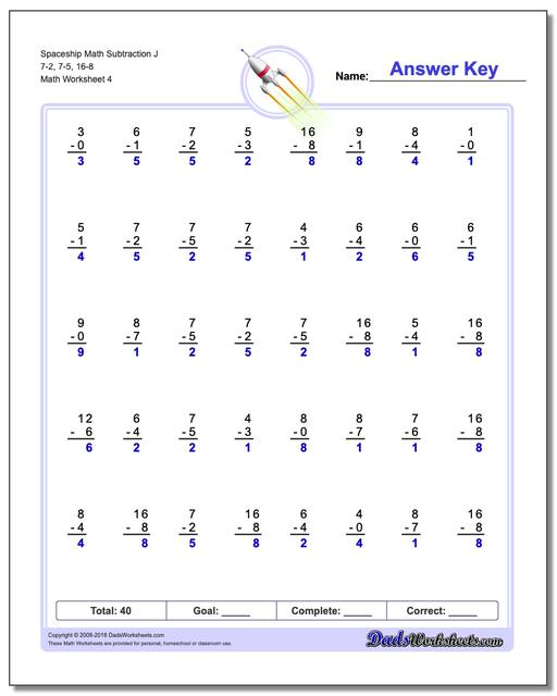 Spaceship Math Subtraction Worksheet J 7-2, 7-5, 16-8