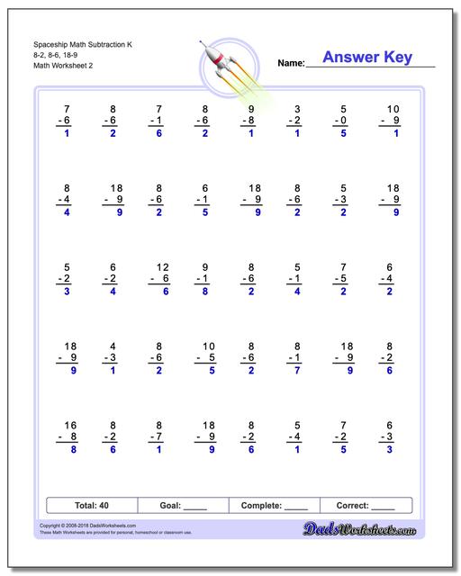 Spaceship Math Subtraction Worksheet K 8-2, 8-6, 18-9 www.dadsworksheets.com/worksheets/subtraction.html