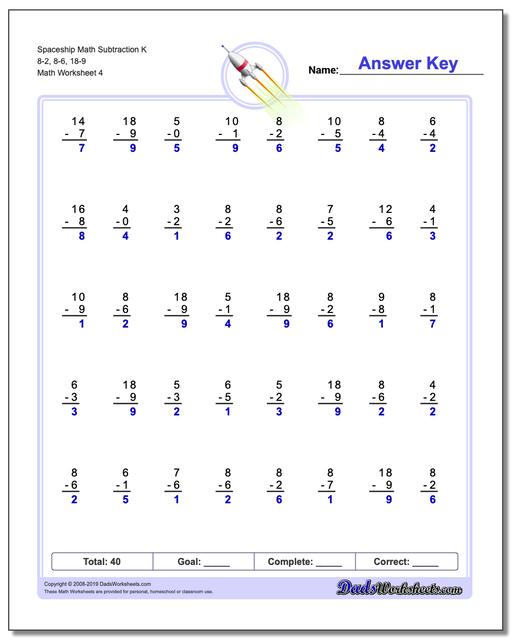 Subtraction Math Facts Worksheets