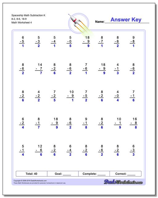 Spaceship Math Subtraction Worksheet K 8-2, 8-6, 18-9
