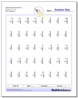 Subtraction Worksheet Spaceship Math L 9-2, 9-7, 11-7, 11-4