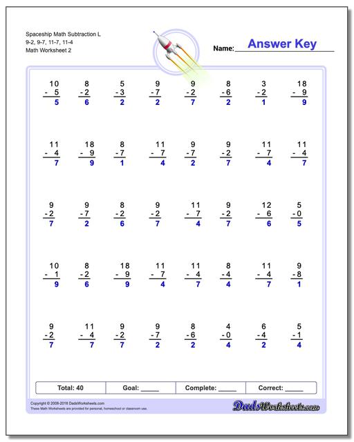 Spaceship Math Subtraction Worksheet L 9-2, 9-7, 11-7, 11-4 www.dadsworksheets.com/worksheets/subtraction.html