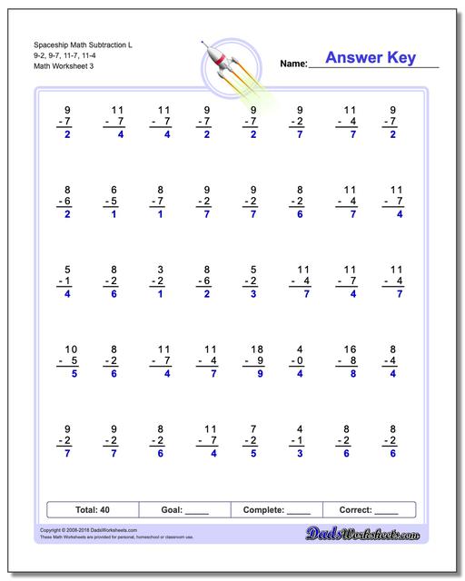 Spaceship Math Subtraction Worksheet L 9-2, 9-7, 11-7, 11-4