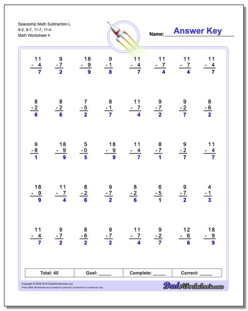 Spaceship Math Subtraction Worksheet L 9-2, 9-7, 11-7, 11-4
