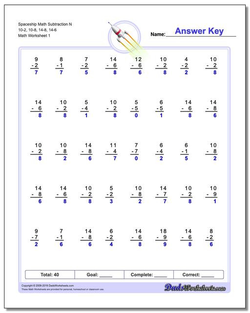 Subtraction Worksheet Spaceship Math N 10-2, 10-8, 14-8, 14-6