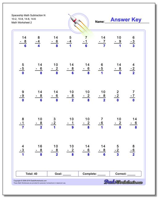 Spaceship Math Subtraction Worksheet N 10-2, 10-8, 14-8, 14-6 www.dadsworksheets.com/worksheets/subtraction.html