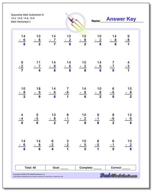Spaceship Math Subtraction Worksheet N 10-2, 10-8, 14-8, 14-6