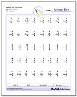 Spaceship Math Subtraction Worksheet N 10-2, 10-8, 14-8, 14-6