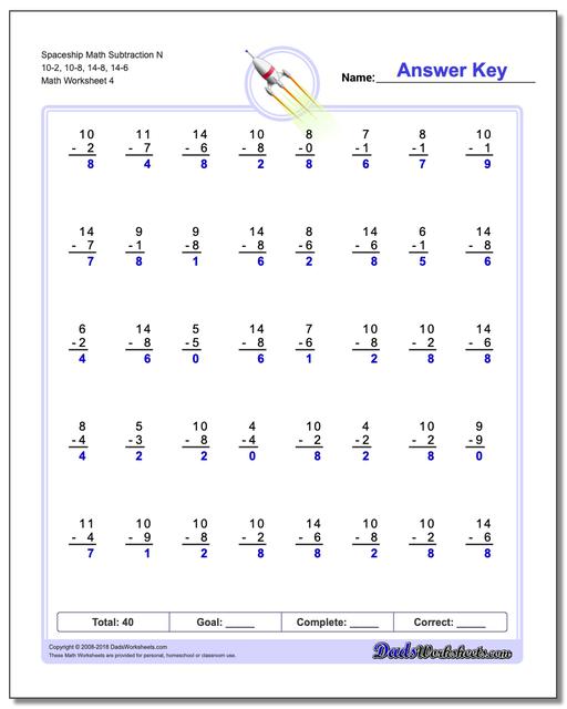 Spaceship Math Subtraction Worksheet N 10-2, 10-8, 14-8, 14-6