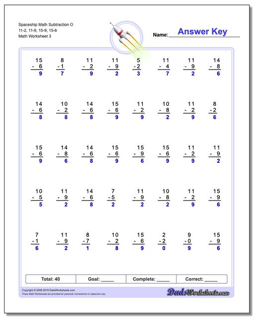 Spaceship Math Subtraction Worksheet O 11-2, 11-9, 15-9, 15-6