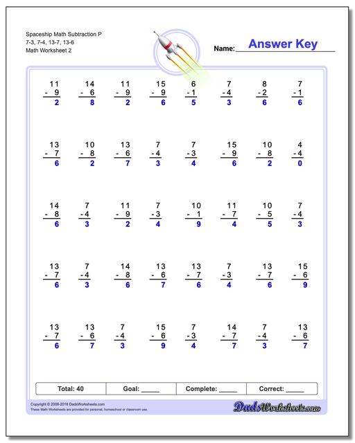 Spaceship Math Subtraction Worksheet P 7-3, 7-4, 13-7, 13-6 www.dadsworksheets.com/worksheets/subtraction.html