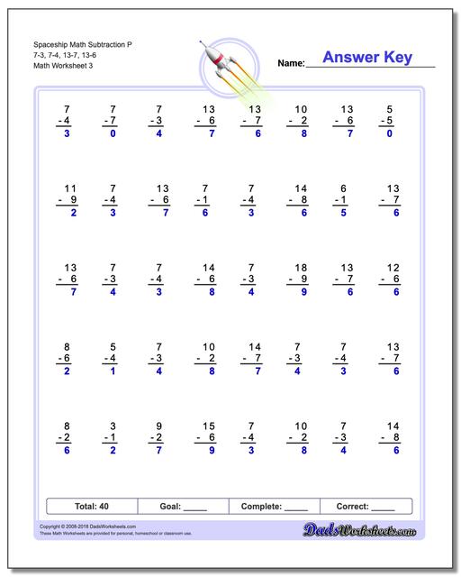 Spaceship Math Subtraction Worksheet P 7-3, 7-4, 13-7, 13-6