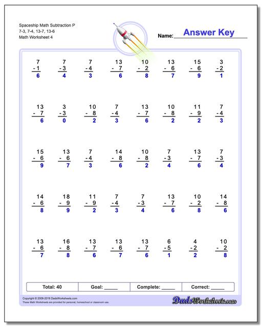 Spaceship Math Subtraction Worksheet P 7-3, 7-4, 13-7, 13-6
