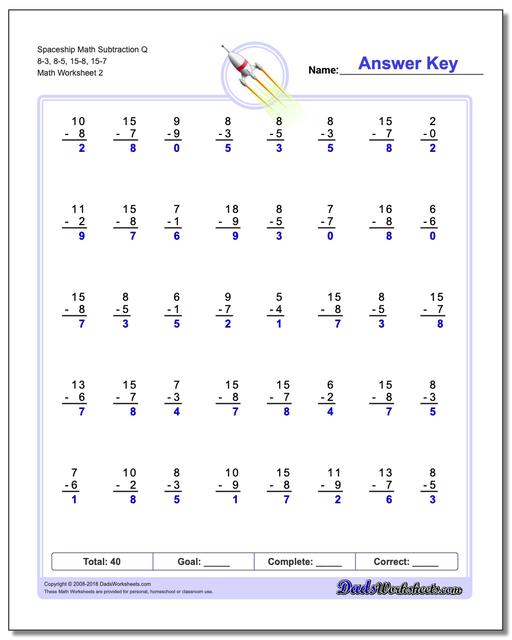 Spaceship Math Subtraction Worksheet Q 8-3, 8-5, 15-8, 15-7 www.dadsworksheets.com/worksheets/subtraction.html