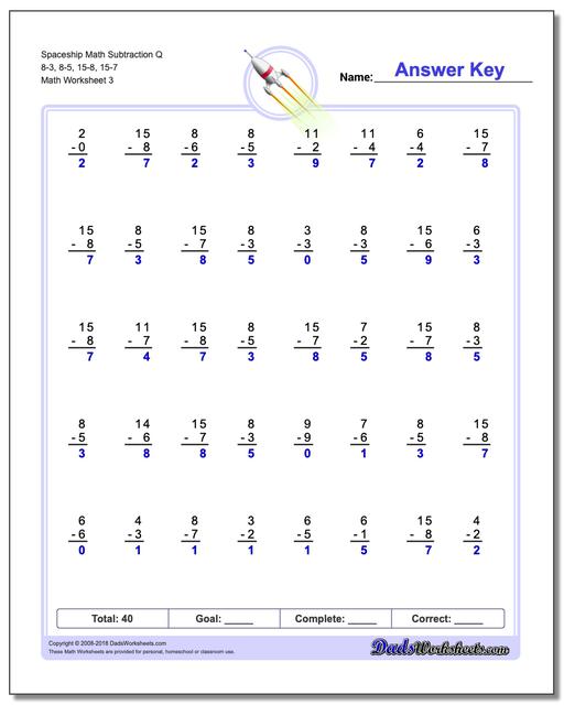 Spaceship Math Subtraction Worksheet Q 8-3, 8-5, 15-8, 15-7