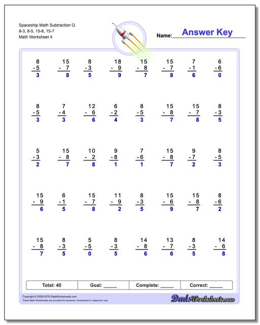 Spaceship Math Subtraction Worksheet Q 8-3, 8-5, 15-8, 15-7