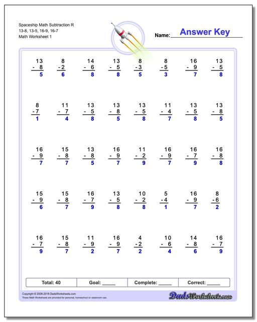 Subtraction Worksheet Spaceship Math R 13-8, 13-5, 16-9, 16-7