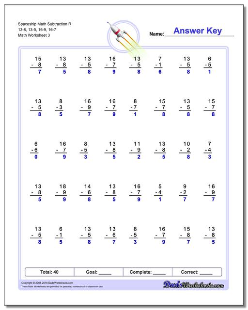 Spaceship Math Subtraction Worksheet R 13-8, 13-5, 16-9, 16-7
