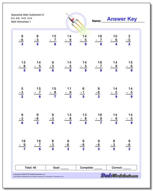 Subtraction Worksheet Spaceship Math S 9-3, 9-6, 14-9, 14-5