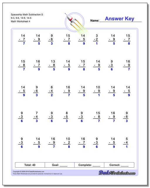 Spaceship Math Subtraction Worksheet S 9-3, 9-6, 14-9, 14-5