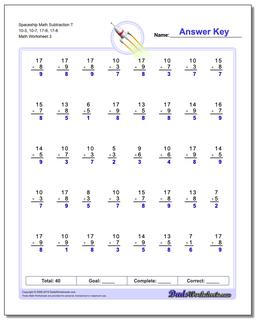 Spaceship Math Subtraction Worksheet T 10-3, 10-7, 17-9, 17-8