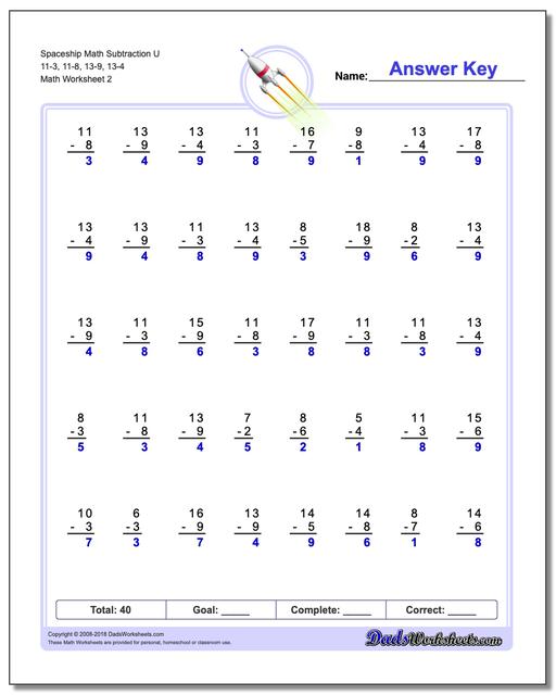 Spaceship Math Subtraction Worksheet U 11-3, 11-8, 13-9, 13-4 www.dadsworksheets.com/worksheets/subtraction.html